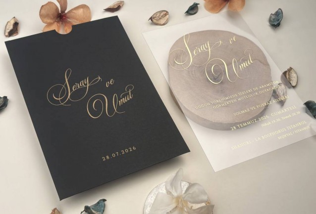 transparent wedding invitation with black envelope