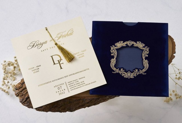 navy blue and gold wedding invitation