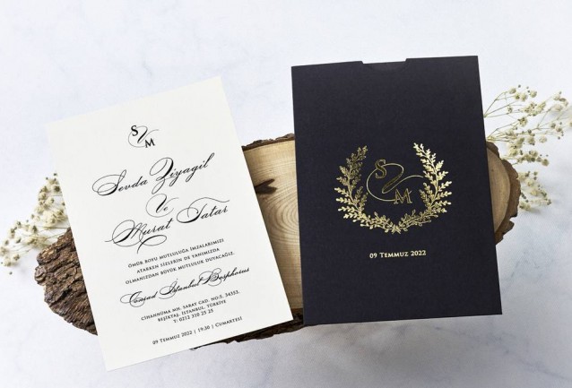 black white and gold wedding invitation