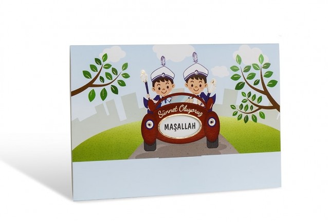  İki Kardeş Sünnet Davetiyesi,ArabalıEbat:12x18 cmZarf:ZarfsızBaskı Kartı:200 gr bristol kağıt kullanılmıştır,iki katlamalıdır,iki çocuk figürlüdür
